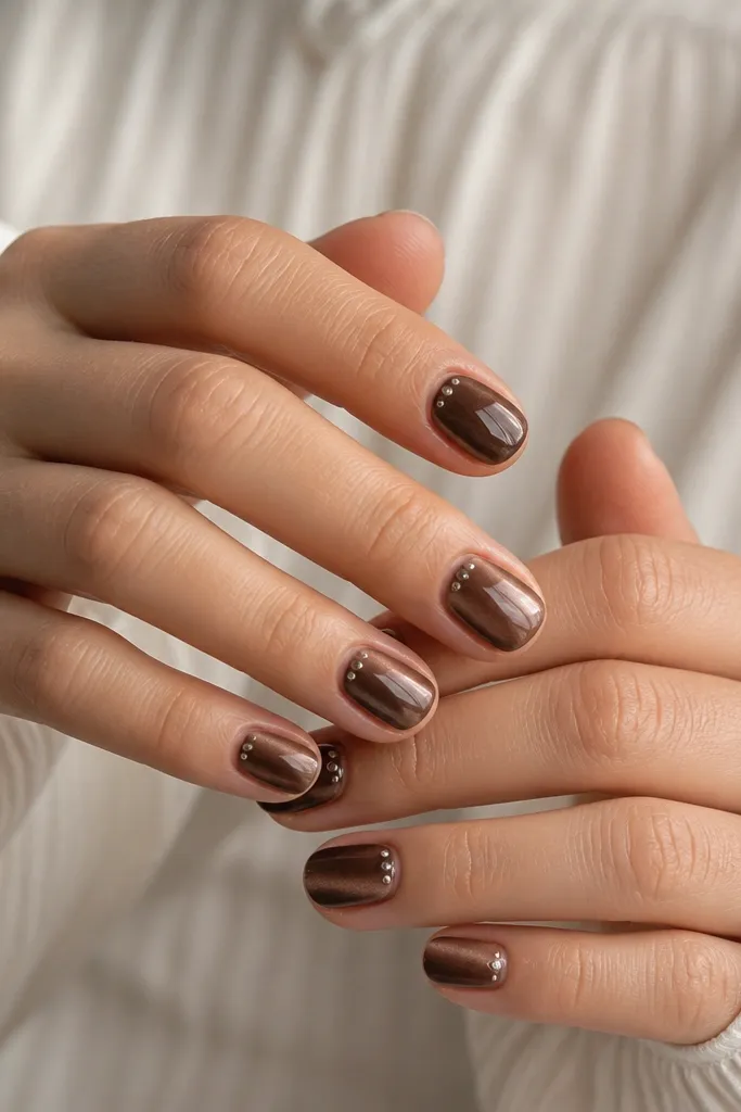 Short squoval nails in mocha cat eye. Along the cuticle, there are two tiny silver dots on each nail near the center and inner sidewall.