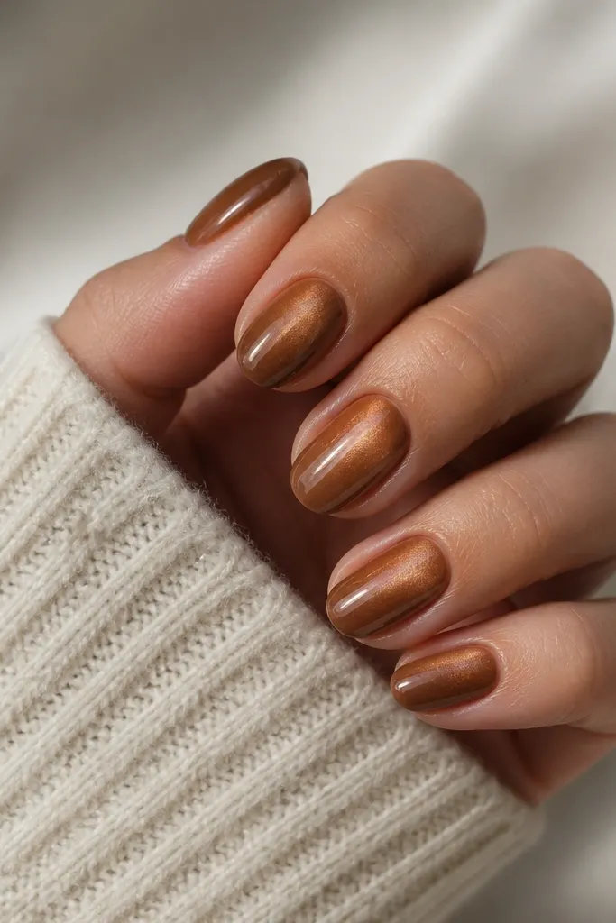 Short almond nails. The center has glossy caramel cat eye stripe, while the side edges are matte caramel-brown without the stripe.