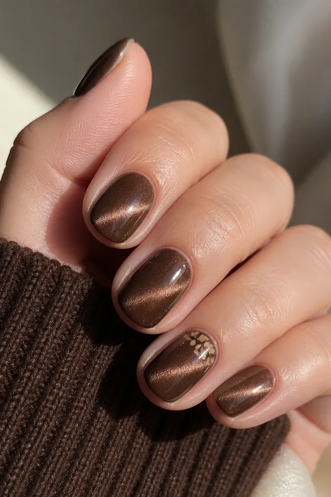 Short oval nails in cocoa brown cat eye. One nail has a tiny cluster of micro leopard spots in light tan near the cuticle; the rest are plain cat eye.