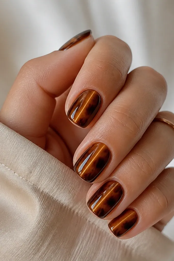 Short squoval nails with tortoiseshell-like brown swirls across the nail. A cat eye stripe runs straight down the centerline over the swirls.