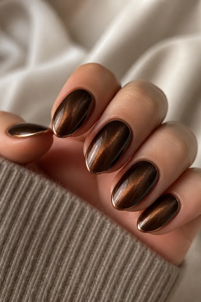 Short almond nails in chocolate cat eye. A thin copper foil strip lines the outer edge of each nail, while the cat eye stripe stays centered.