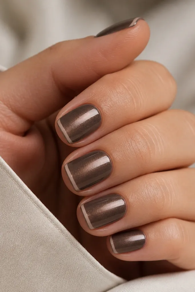Short square nails in mocha cat eye. A thin nude line runs like a micro French along the tip, separating the tip from the rest of the nail.
