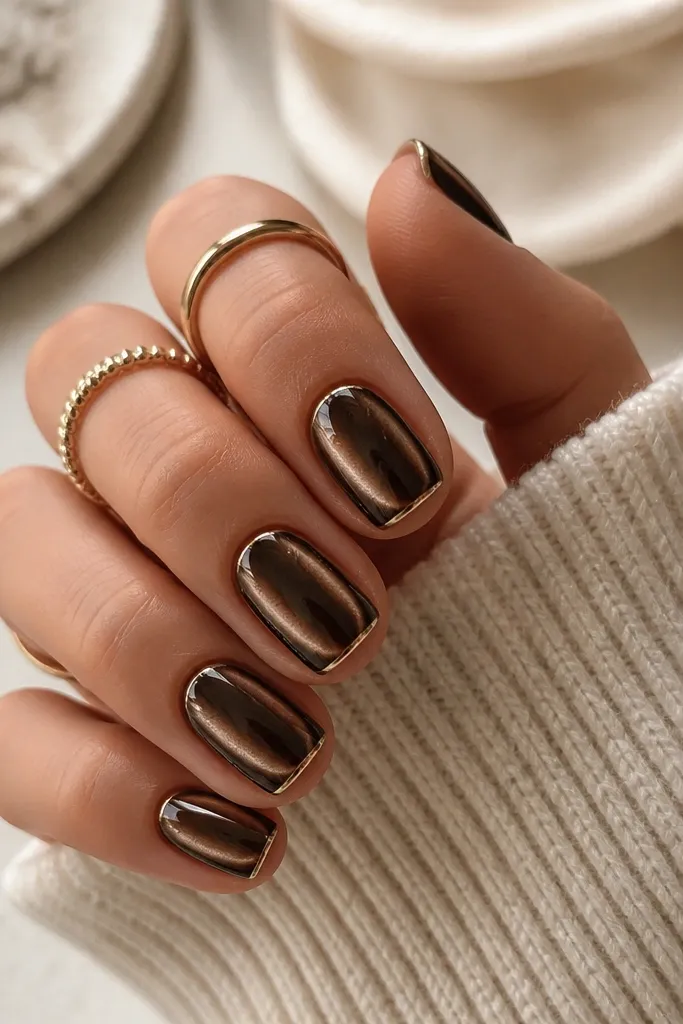 Short squoval nails in espresso cat eye. A thin rose gold outline sits near the perimeter of each nail, leaving the center stripe untouched.