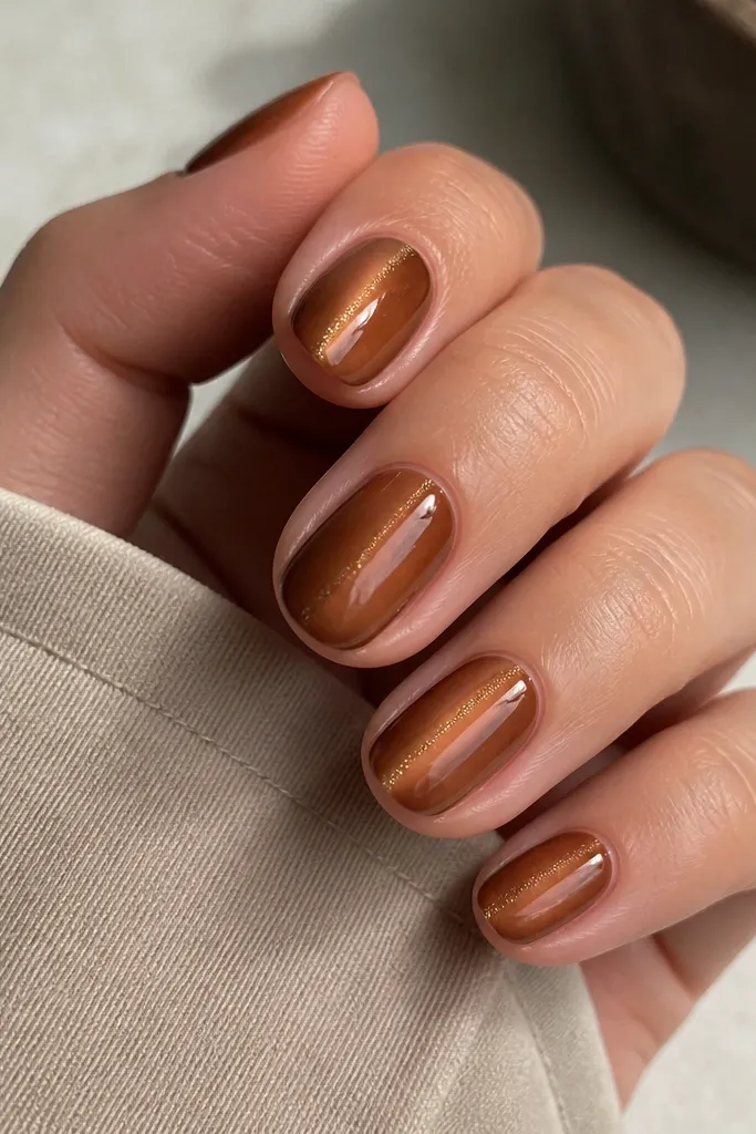 Short oval nails in caramel brown cat eye. One side of each nail has a tiny vertical line of gold shimmer that runs parallel to the cat eye stripe but offset to the right.