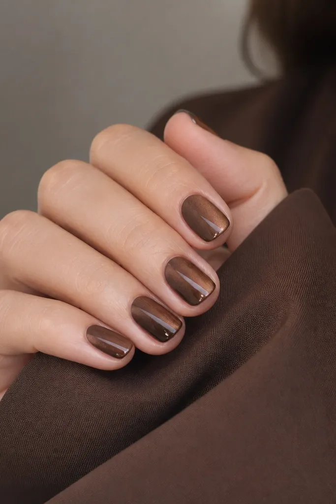 Short round nails in cocoa brown cat eye. A thin white line runs under the cat eye stripe near the tip, like an underline highlight.