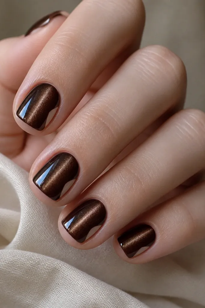 Short square nails. The center is espresso cat eye with a centered stripe, while two small triangular negative spaces sit near both sidewalls mid-nail.