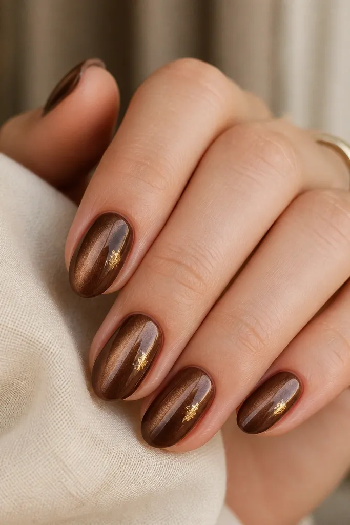 Short almond nails in milk chocolate cat eye. A tiny irregular gold leaf smudge sits on one side of each nail near the midline.