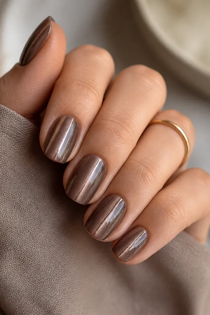 Short squoval nails in taupe-brown cat eye. The cat eye stripe is centered, and there are two thin parallel taupe lines on either side, slightly darker than the base.
