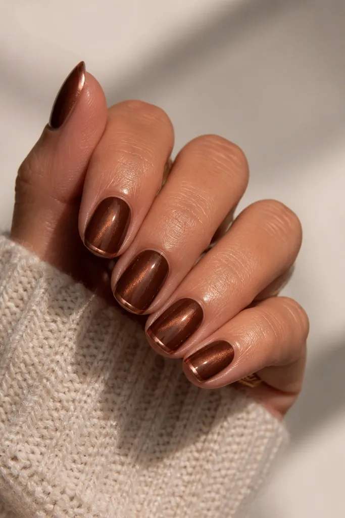 Short oval nails in cinnamon brown cat eye. A thin copper line sits right at the tip boundary across all nails.