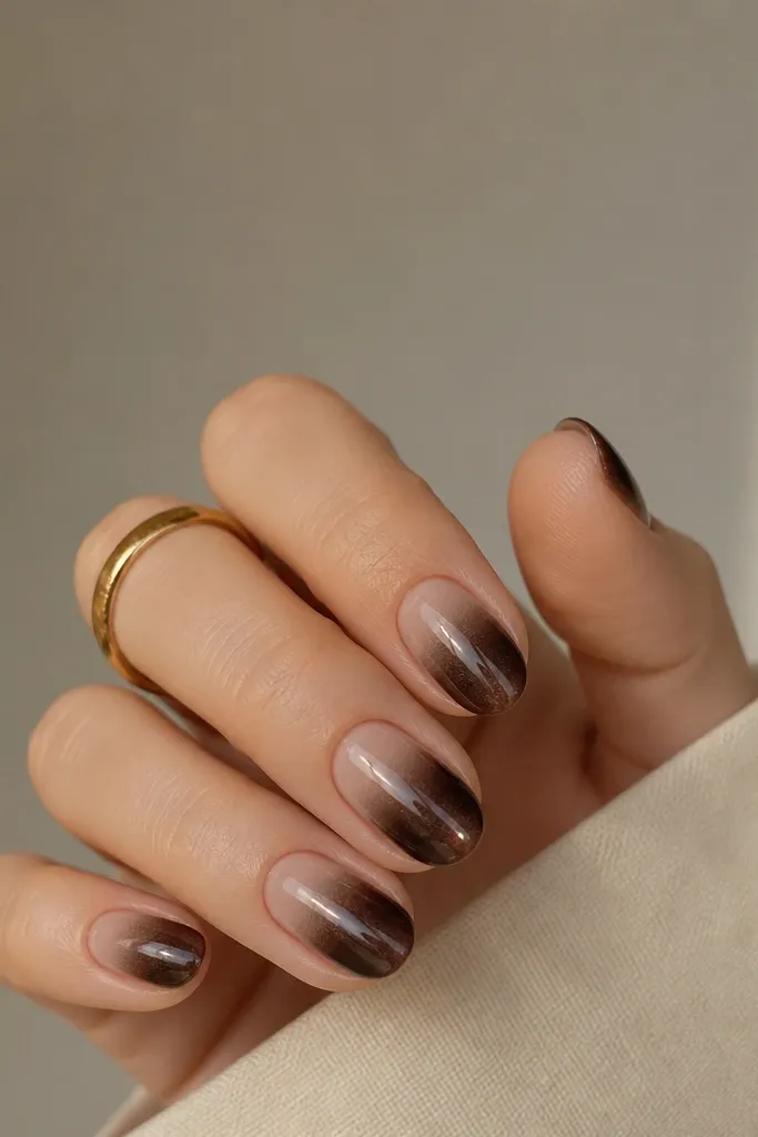 Short almond nails. The lower half is espresso cat eye with a centered stripe, while the top half fades into a nude sheer tip.