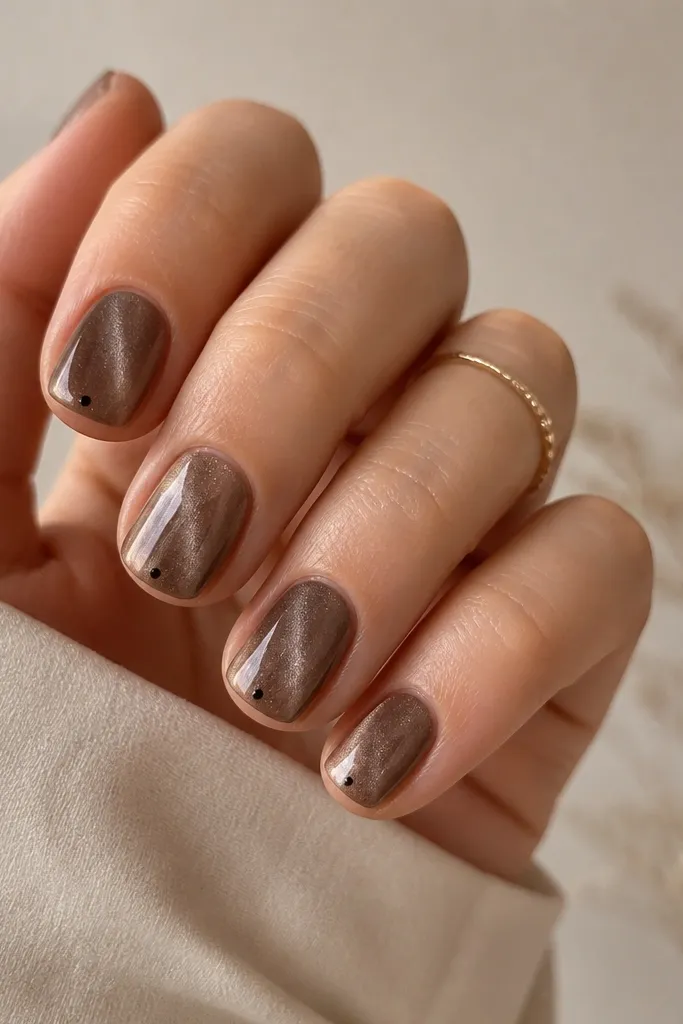 Short square nails in mocha cat eye. Each nail has one tiny black micro dot centered near the tip edge.