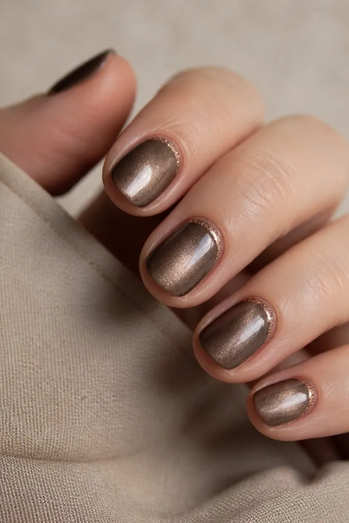 Short round nails in taupe-brown cat eye. A thin bronze glitter line runs just under the cuticle across each nail.