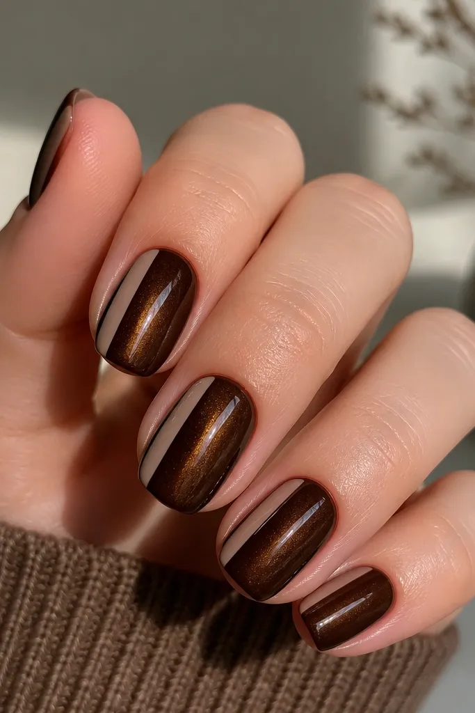 Short squoval nails in dark brown cat eye. One side has a narrow nude stripe running vertically, like a highlight panel beside the cat eye stripe.