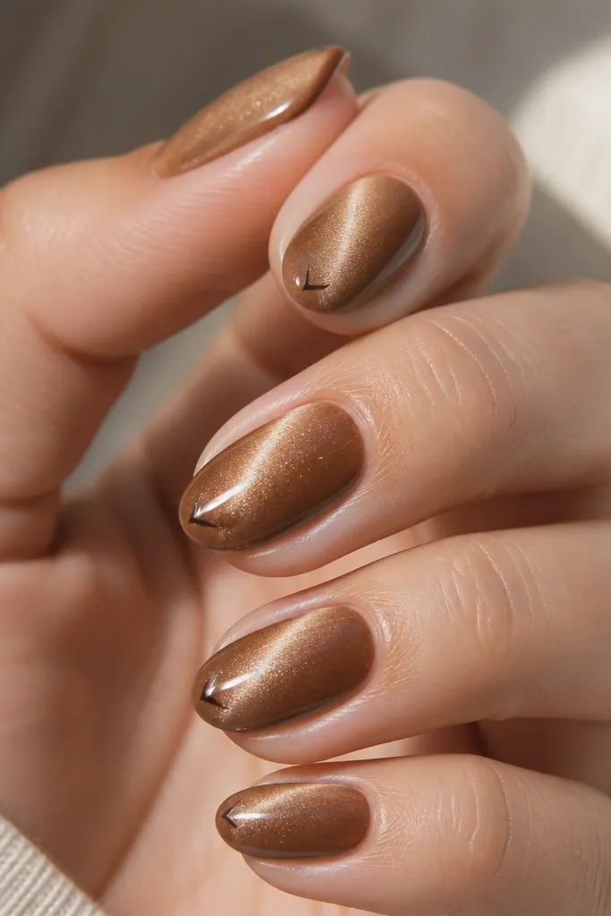 Short almond nails in caramel brown cat eye. A tiny micro chevron in dark brown sits centered at the tip edge, pointing down.