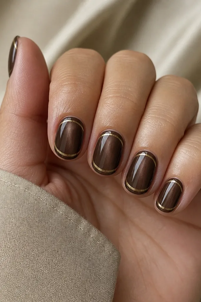 Short round nails in espresso cat eye with a centered stripe. A thin gold line sits just below the tip edge across all nails.
