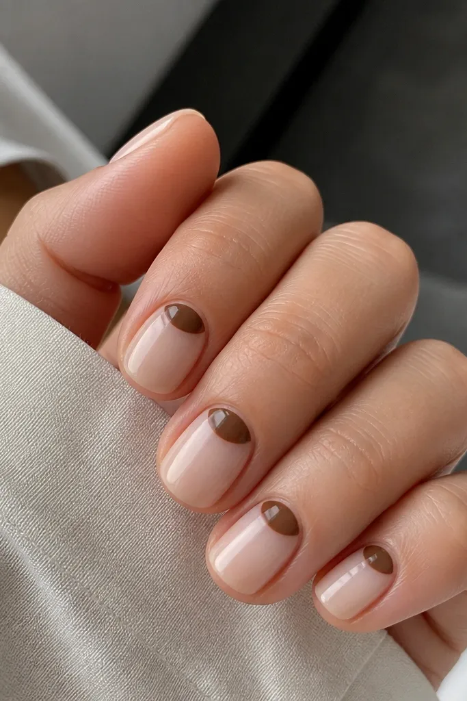 Five short nails with a nude base and a smooth milk-chocolate half-moon shape right under the cuticle, centered on each nail. The half-moon is crisp and rounded, with a high-gloss finish.