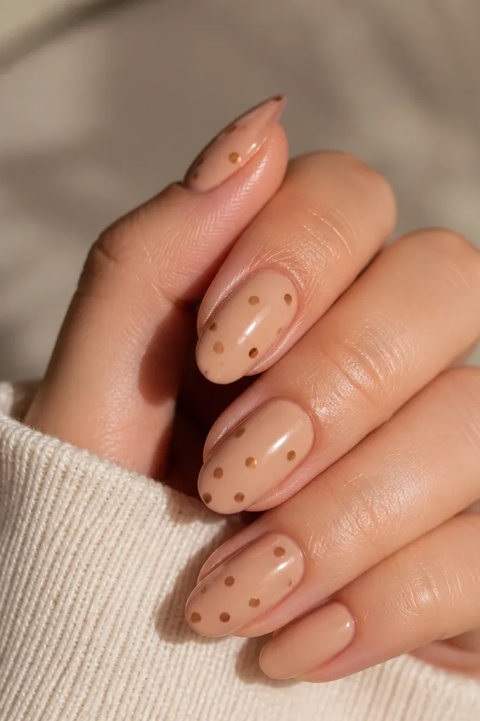 Short almond nails in a sheer nude base. Each nail has 3-5 caramel dots in a loose cluster near the center, with one larger dot and smaller dots around it. Glossy finish.