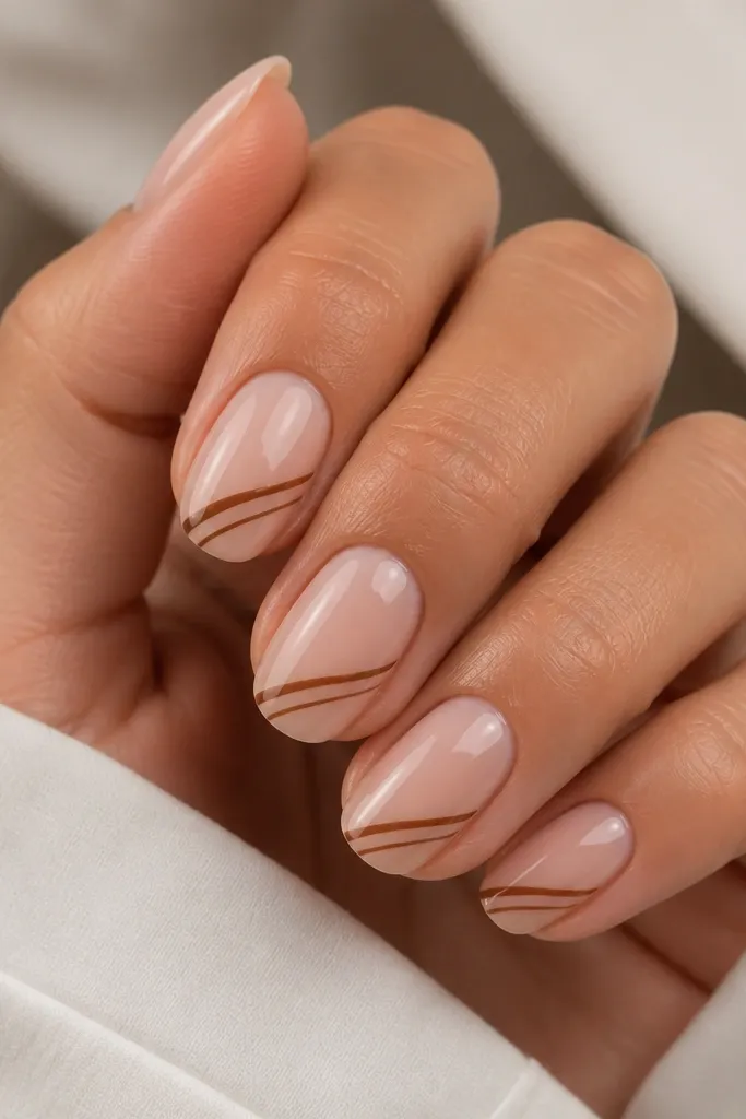 Short rounded nails with a creamy nude base. A single toffee-brown diagonal line runs from lower left to upper right on each nail, about the width of a hair. Glossy top.