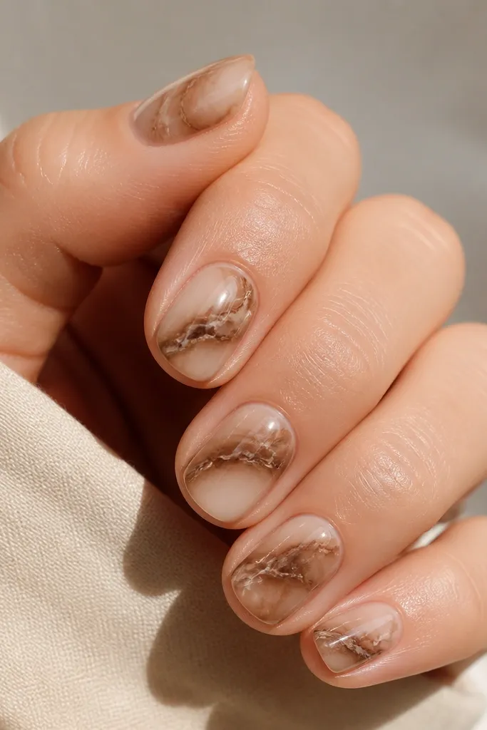 Short nails with a nude-beige base. On each nail, there are cloudy espresso-brown swipes that look like marble, with thin white-taupe streaks running through. Semi-gloss, then sealed.