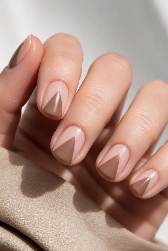 Short nails with a sheer nude base. A crisp V shape in hazelnut brown sits in the center, pointing upward, with the rest left bare. Clean cuticle, high gloss.