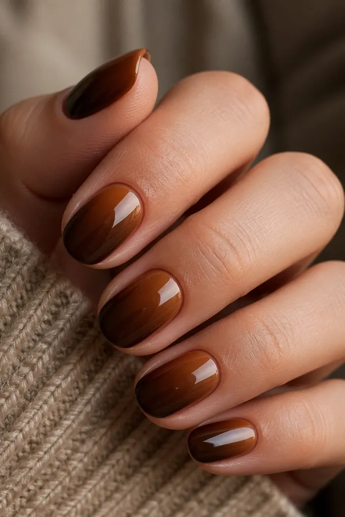 Short oval nails with a deep cocoa-brown base. The top half has a lighter caramel-brown sheen like a glaze, with a smooth reflective finish. No nail art lines.