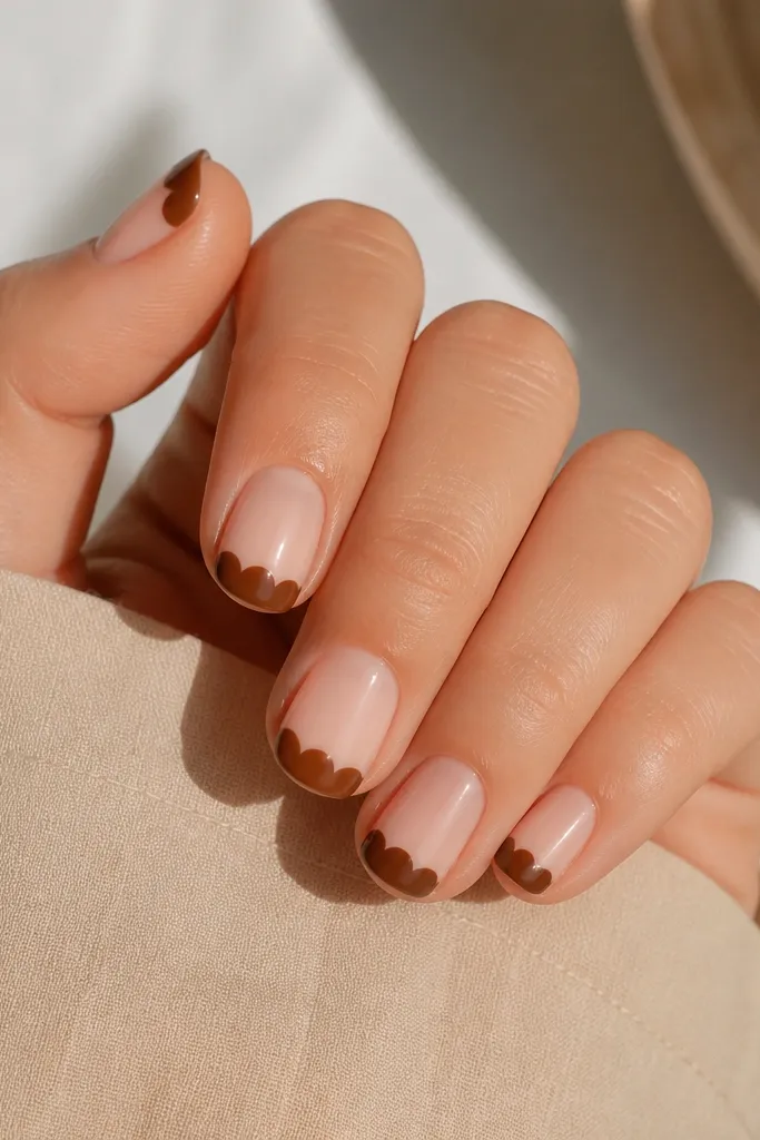 Short nails with a nude base. The tips have scallops in chestnut brown, like tiny arches across the edge. Glossy finish, scallops are evenly spaced.