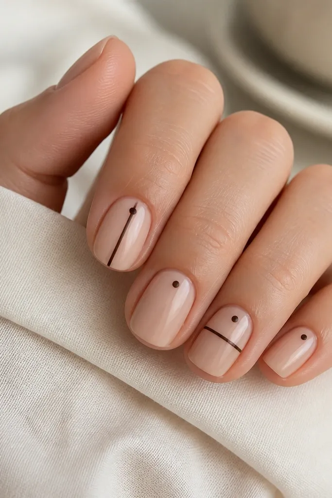 Short nails with a nude base. On two accent nails, there are thin espresso-brown stripes made with striping tape: one vertical stripe in the center and one thin horizontal stripe. Other nails are solid nude with a tiny brown dot.