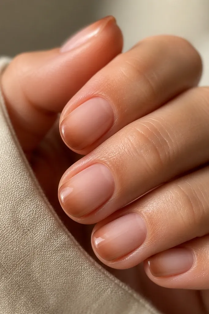 Short rounded nails with a nude base. Tips fade from caramel brown at the edge to clear nude toward the center. Smooth ombré with no visible sponge spots.