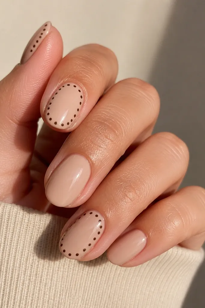 Short nails with a nude base. A thin dotted border sits around the center shape: dots form a small rectangle or rounded frame in espresso brown. The center stays nude. Glossy top.