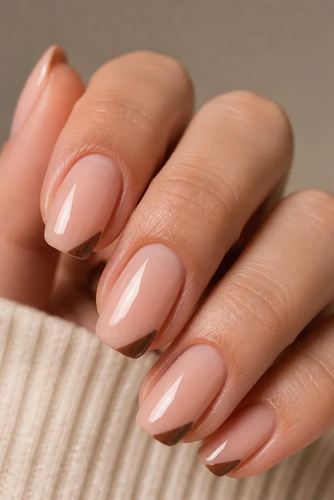 Short nails with nude base. Only the corners near the tip are painted toffee brown, forming tiny angled corners on both sides while the middle tip stays nude. Glossy finish.