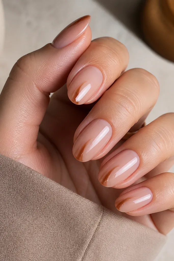 Short almond nails with a nude base. A cinnamon-brown swoosh curves along one side, fading as it moves toward the center. Glossy finish, swoosh is smooth.