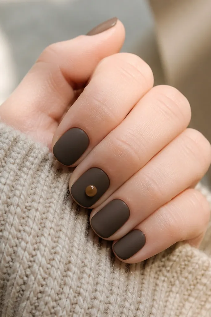 Short nails in a matte espresso brown. On one accent nail, there is a single glossy caramel dot near the center that reflects light. Other nails are fully matte.