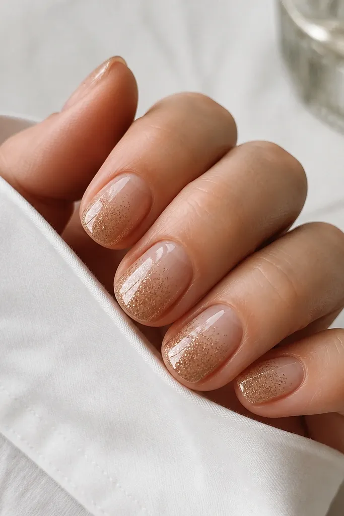 Short nails with a nude base. A brown sugar glitter fade starts at the tip and fades upward, with fine shimmer and no chunky pieces. Glossy top.