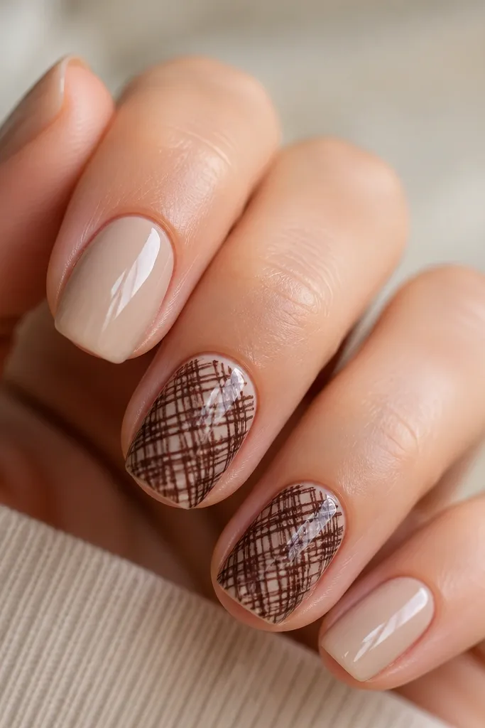 Short nails with a nude base. Two accent nails have thin espresso-brown crosshatch lines forming a small grid near the center, leaving the rest of the nail plain. Glossy top.