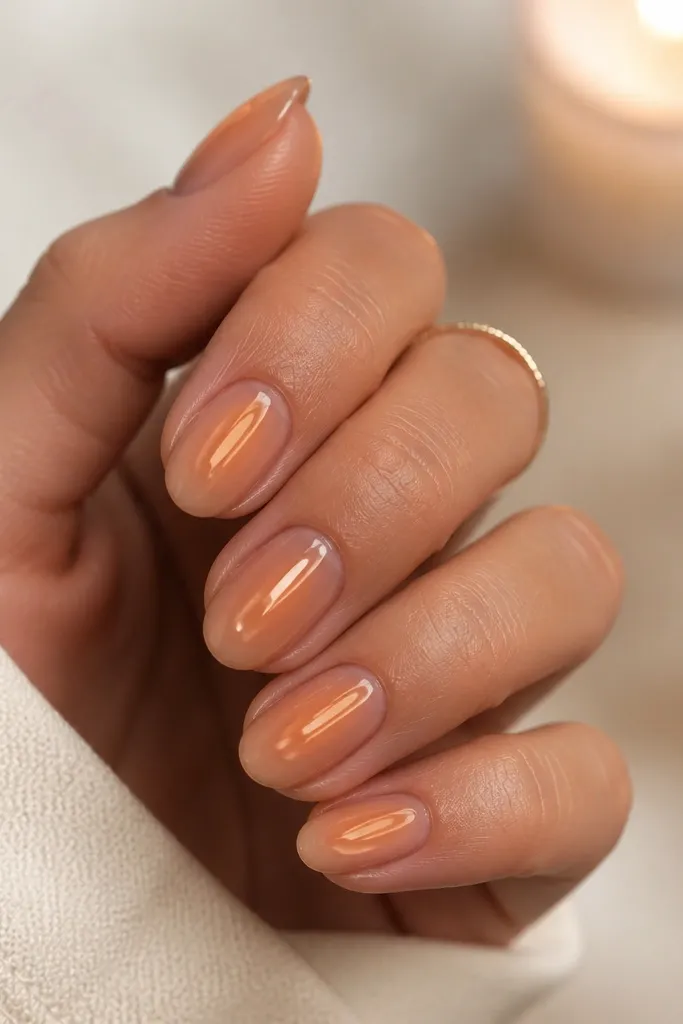 Short rounded nails with a sheer nude base. A caramel-brown "aura" circle glow sits in the center, fading outward into the nude. Glossy finish.
