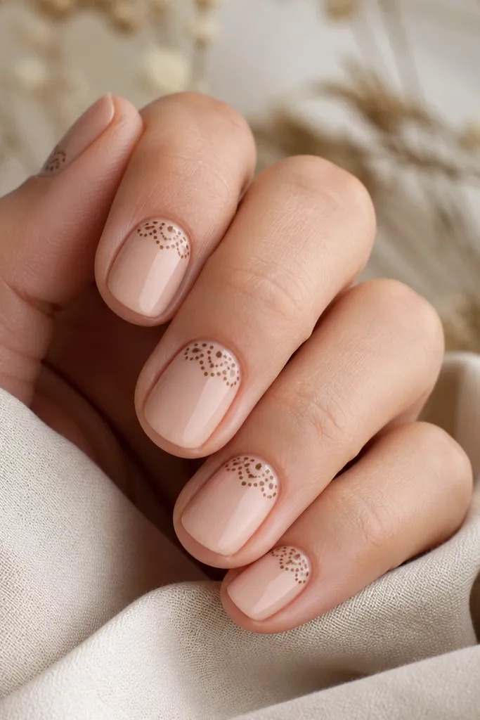 Short nails with a nude base. Near the cuticle area, there's a delicate lace pattern made from tiny mocha dots and small curved dot arcs, like a half-diamond. Glossy top.