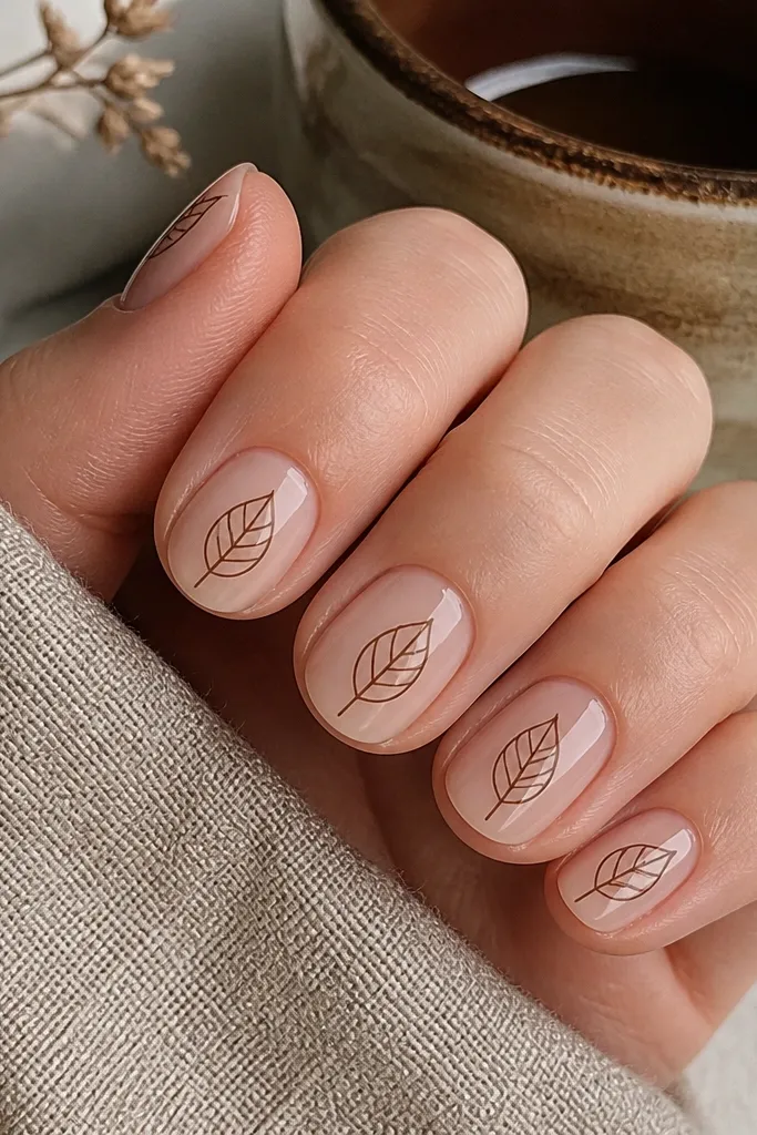 Short nails with nude base. On each nail, a simple espresso-brown leaf outline is drawn in thin lines, with a small stem and a couple vein lines. Glossy top.
