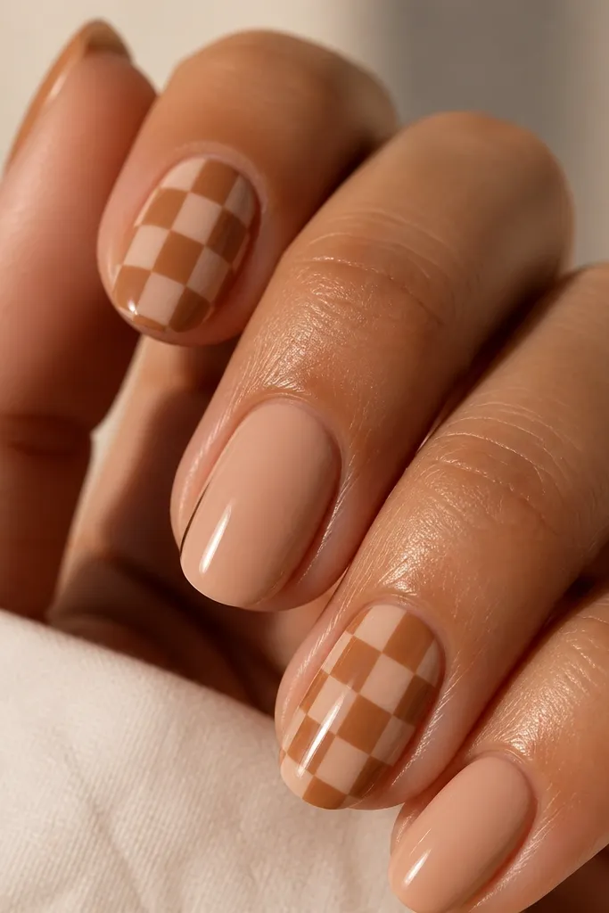 Short nails with nude base. One accent nail has a small checker pattern in caramel brown squares, arranged in a 3x3 grid. Other nails are solid nude with a glossy top.