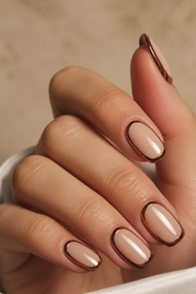 Short nails with a deep chocolate-brown base. Along the very edge of the tip, there's a thin chrome line in warm gold-brown, like a metallic trim. Glossy finish.