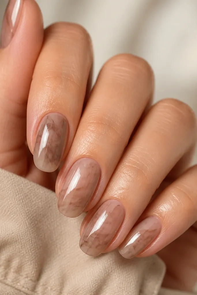 Short nails with a nude base. Each nail has a soft watercolor wash in taupe and light brown, blended like ink in water. No hard lines, just cloudy color. Glossy top.