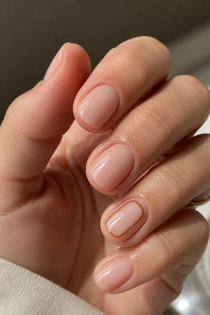 Short nails with nude base. One accent nail has a thin caramel-brown outline shaped like a rounded rectangle inset from the edges. The inside stays nude. Glossy top.