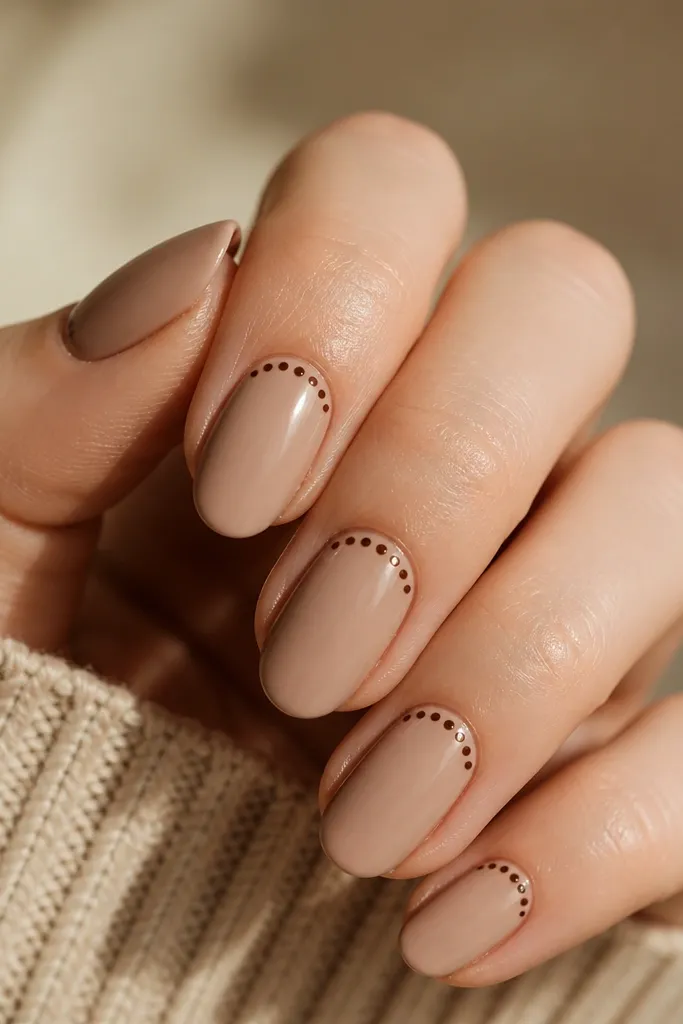 Short nails with a nude base. Around the cuticle line there is a small halo made from tiny espresso dots, forming a half-circle that follows the cuticle. Glossy finish.