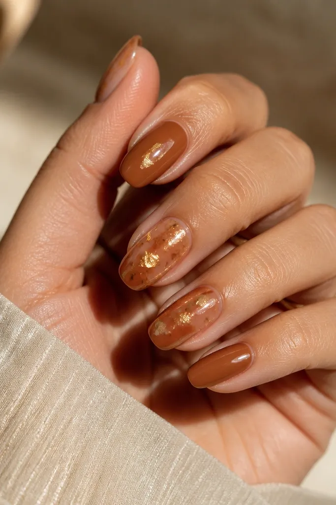 Short nails with nude base. Two accent nails have tiny caramel-brown foil flecks scattered near the center and tip. The foil looks irregular and reflective. Glossy top.