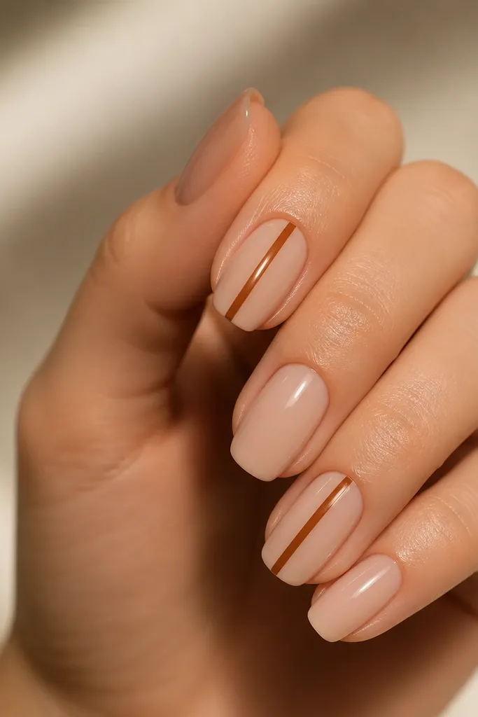 Short nails with nude base. A single toffee-brown striped channel runs vertically down the center of each nail, with two thin side lines creating a narrow "trench." Glossy finish.