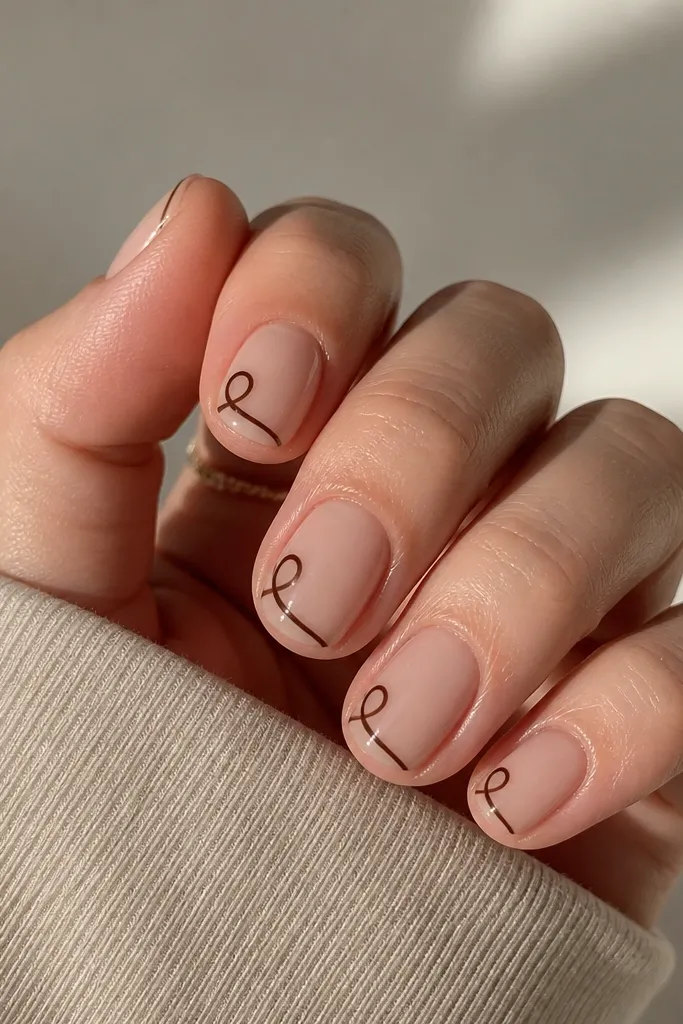 Short rounded nails with nude base. On each nail, there is an espresso-brown side swirl that starts near the lower sidewall and curls toward the center. The swirl has a thin, outlined look. Glossy top.