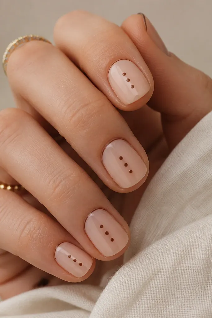 Short nails with a nude base. A thin half-French line sits at the top edge. Tiny chocolate-brown dots form a 3-dot vertical row centered on each nail, with one dot slightly higher than the other two.