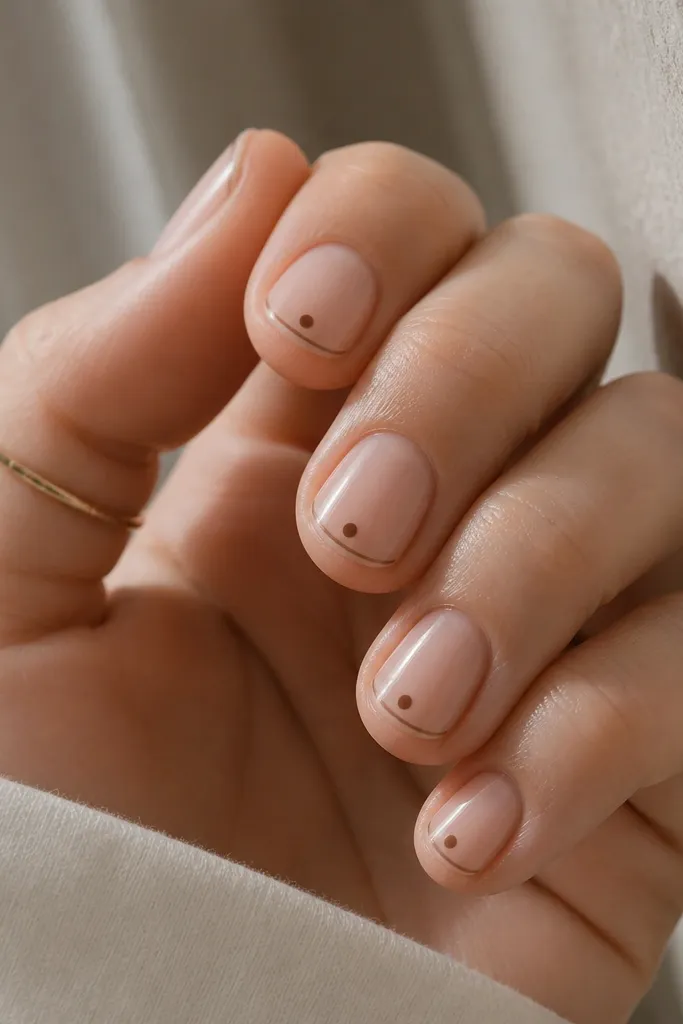 Very short nude nails with a tiny taupe-brown micro tip. One single brown dot sits centered below the tip line like a dot marker.