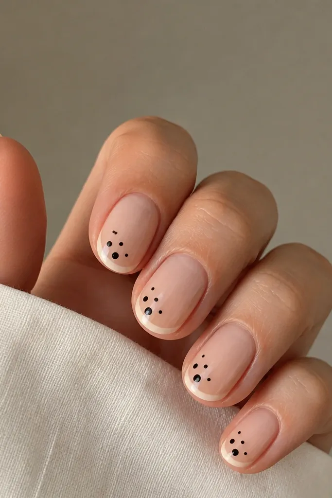 Nude base nails with a thin half-French at the top. Polka dots are clustered slightly to the left side of the nail, with three dots forming a diagonal line toward the center.