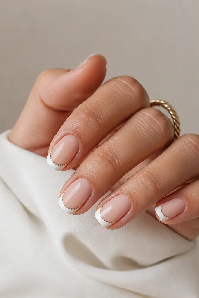 Nude nails with a medium-thin French tip. Along the inner edge of the French tip, there's a single row of small brown dots like a confetti border.