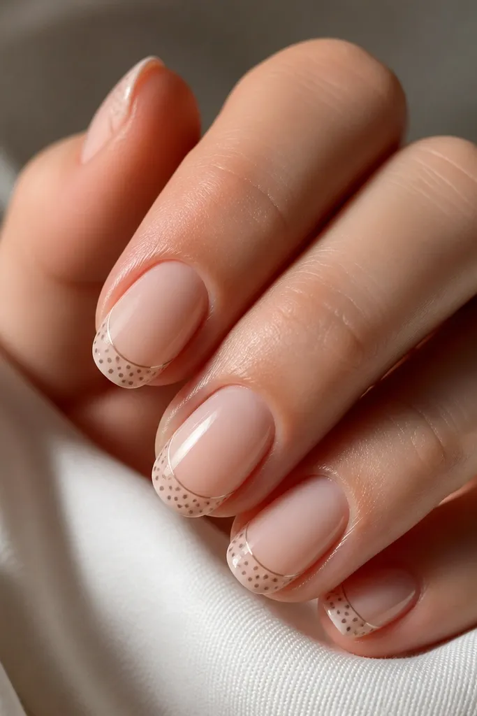 A nude base with a thin French outline. Inside the outline area, there are evenly spaced brown polka dots, like a small dotted panel at the tip.